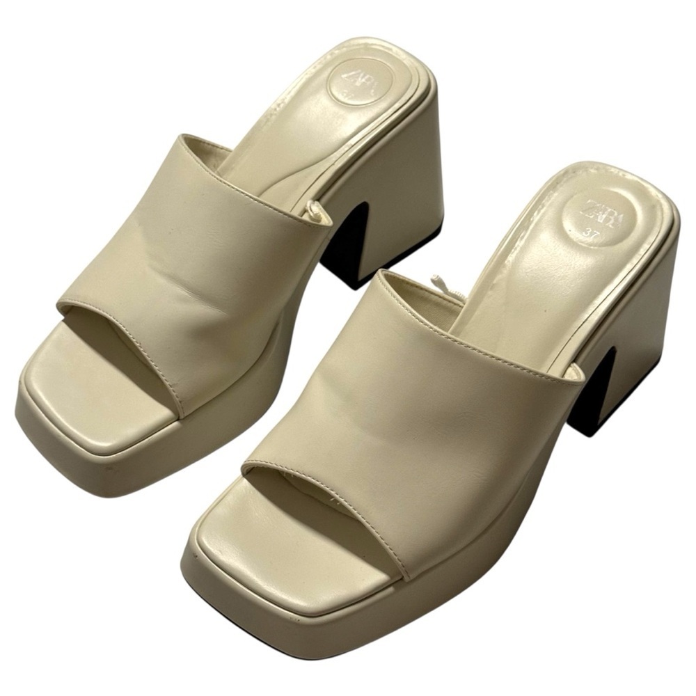 Zara Chunky Mule Heeled Platform Sandals Square Toe Cream EU 37 - Picture 2 of 9